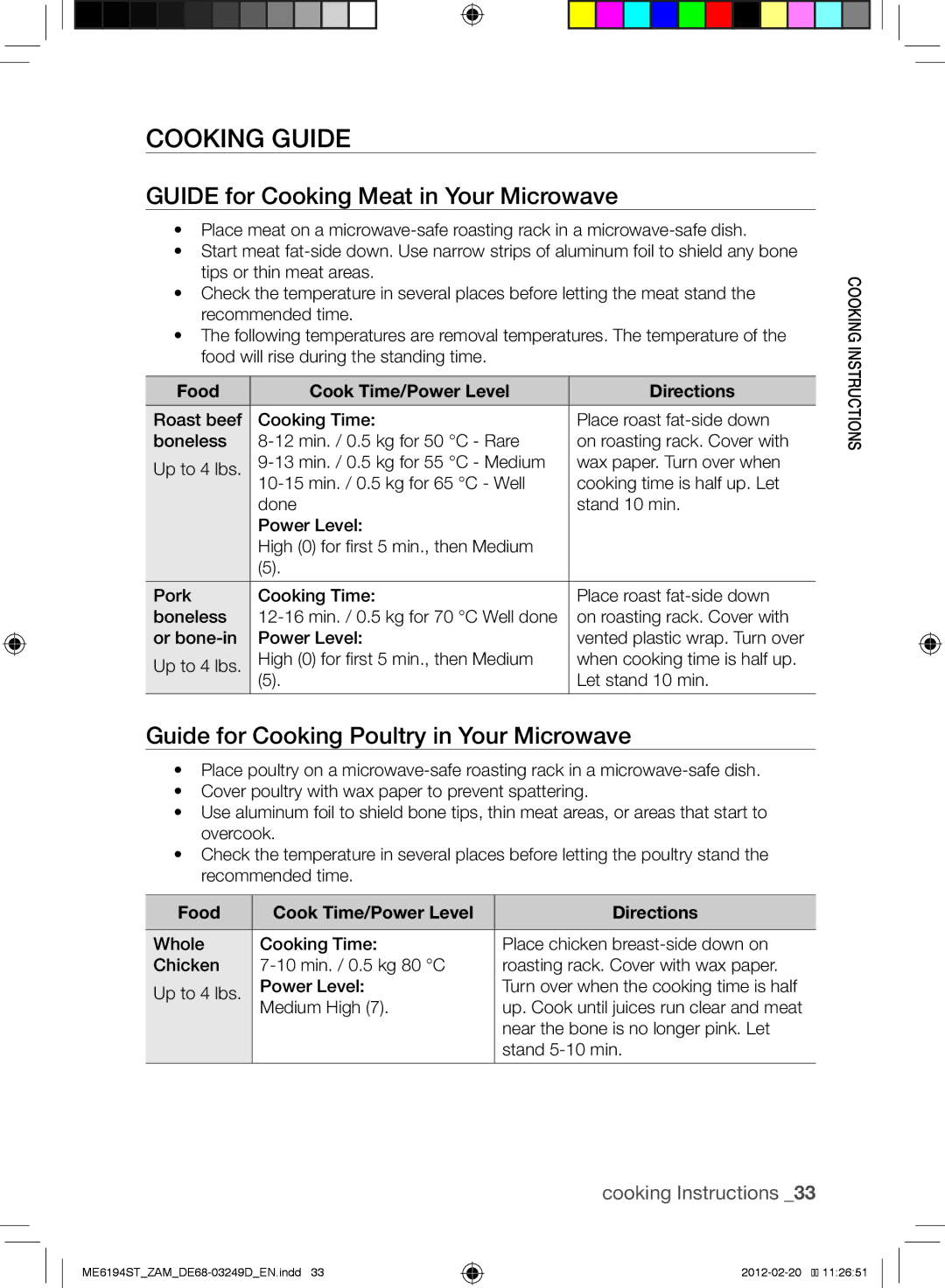 Samsung ME6194ST/ZAM Cooking Guide, Guide for Cooking Meat in Your Microwave, Guide for Cooking Poultry in Your Microwave 