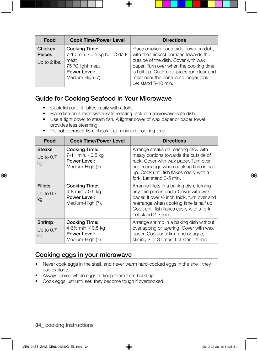 Samsung ME6194ST/ZAM manual Guide for Cooking Seafood in Your Microwave, Cooking eggs in your microwave 