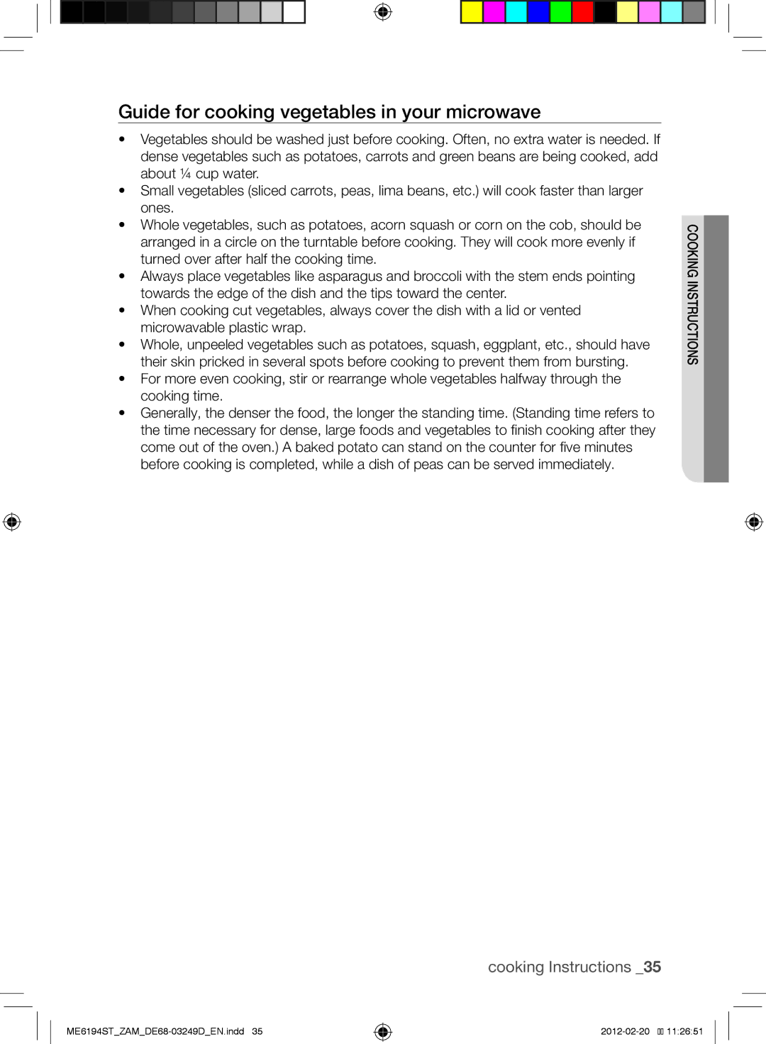 Samsung ME6194ST/ZAM manual Guide for cooking vegetables in your microwave 