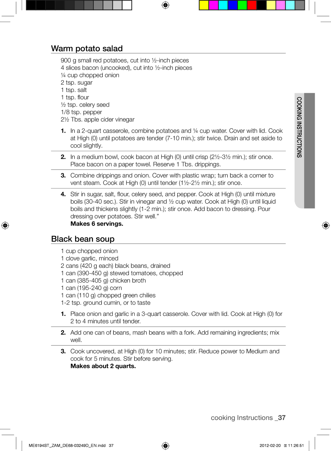 Samsung ME6194ST/ZAM manual Warm potato salad, Black bean soup, Makes about 2 quarts 