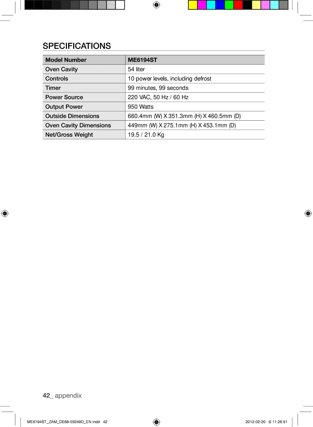 Samsung ME6194ST/ZAM manual Specifications, Model Number ME6194ST 