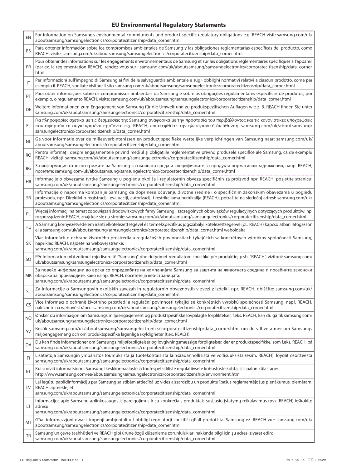 Samsung FG87SUST/XEO, ME711K/ELE, NQ50J9530BS/EO, MW73B/XSG, RL56GHGMG1/XEF manual EU Environmental Regulatory Statements 