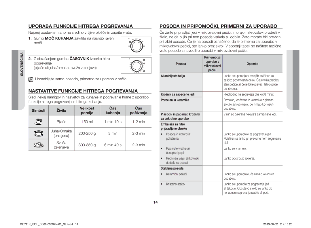 Samsung ME711K/XEO, ME711K/ELE, ME711K/BOL manual Uporaba Funkcije Hitrega Pogrevanja, Nastavitve Funkcije Hitrega Pogrevanja 