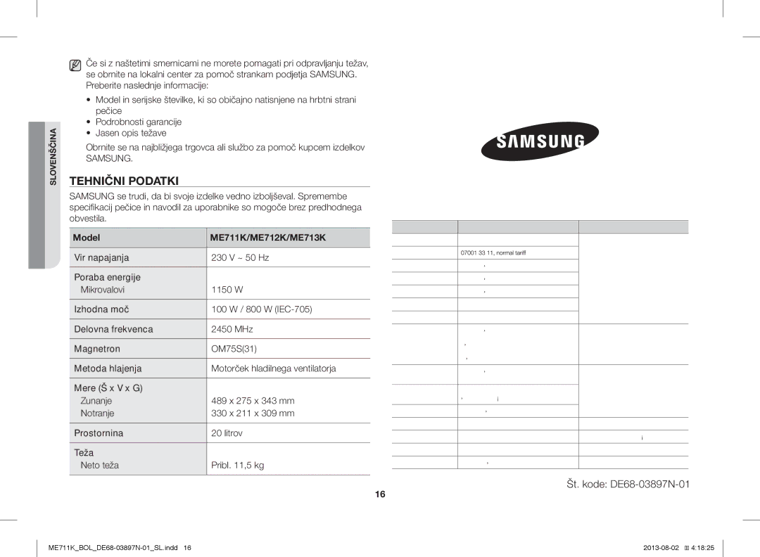 Samsung ME711K/BOL, ME711K/ELE, ME711K/XEO manual Tehnični Podatki, Model ME711K/ME712K/ME713K 