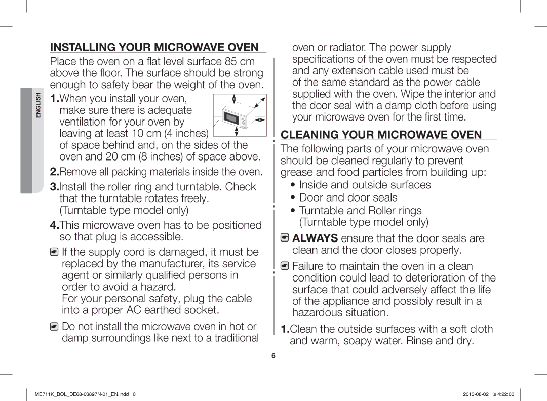 Samsung ME711K/BOL, ME711K/ELE, ME711K/XEO manual Installing Your Microwave Oven, Cleaning Your Microwave Oven 