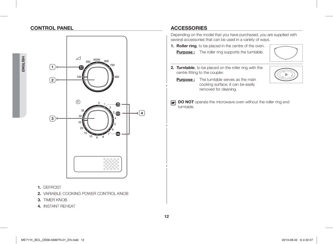 Samsung ME711K/BOL, ME711K/ELE, ME711K/XEO manual Control Panel, Accessories 