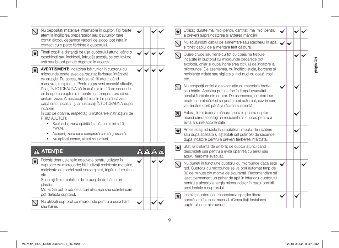 Samsung ME711K/ELE, ME711K/BOL, ME711K/XEO manual Atenţie, Prim Ajutor 