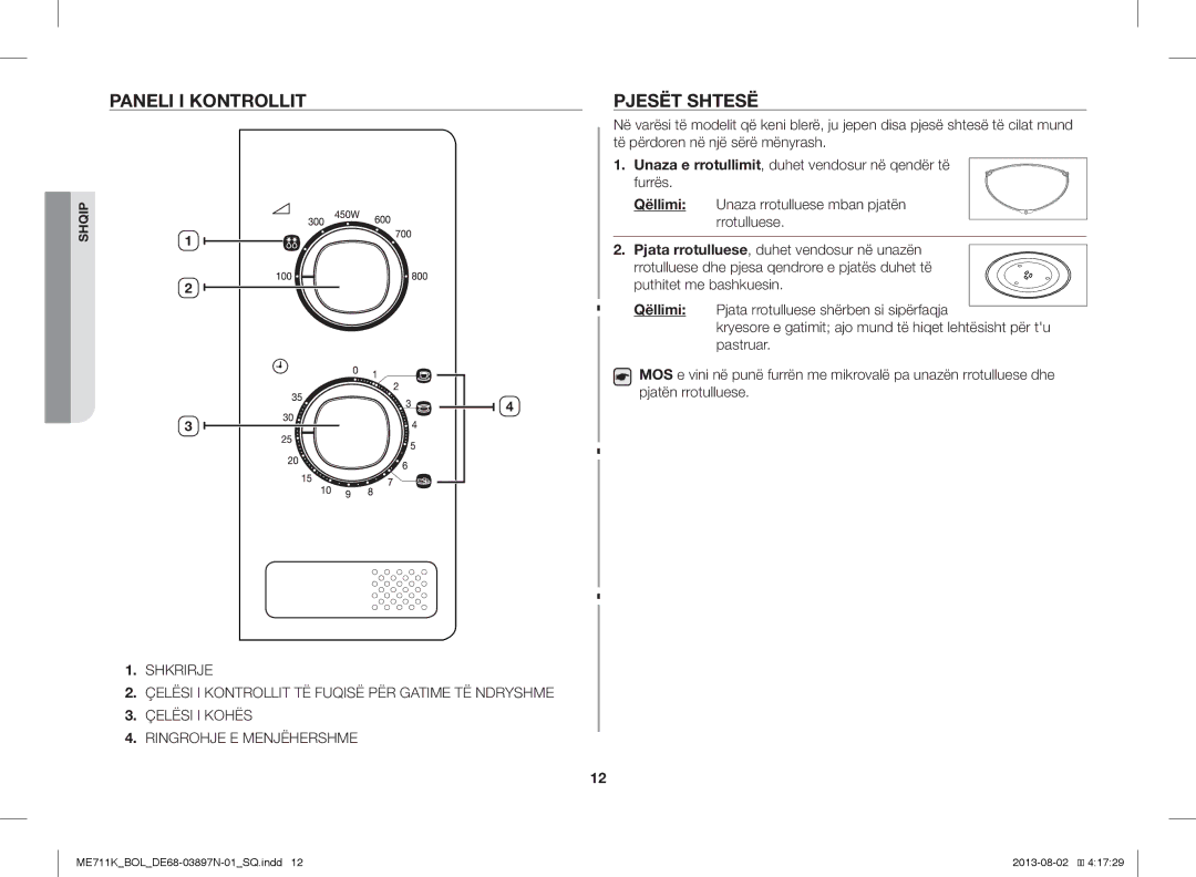 Samsung ME711K/BOL, ME711K/ELE, ME711K/XEO manual Paneli I Kontrollit, Pjesët Shtesë 