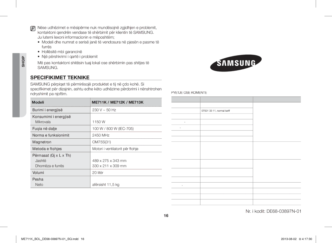 Samsung ME711K/XEO, ME711K/ELE, ME711K/BOL manual Specifikimet Teknike, Modeli ME711K / ME712K / ME713K 