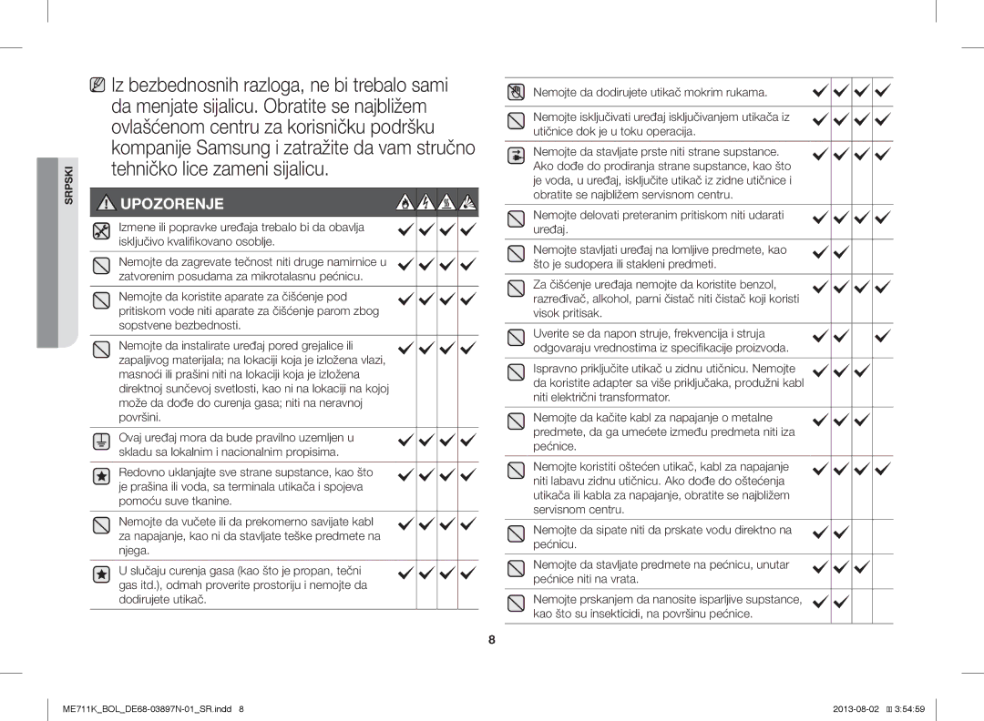 Samsung ME711K/BOL, ME711K/ELE, ME711K/XEO manual Upozorenje 