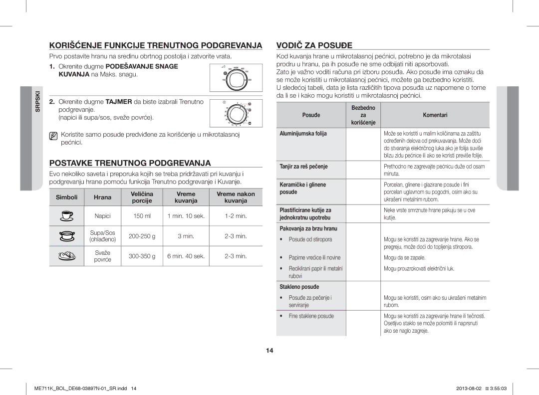 Samsung ME711K/BOL, ME711K/ELE Korišćenje Funkcije Trenutnog Podgrevanja, Postavke Trenutnog Podgrevanja, Vodič ZA Posuđe 