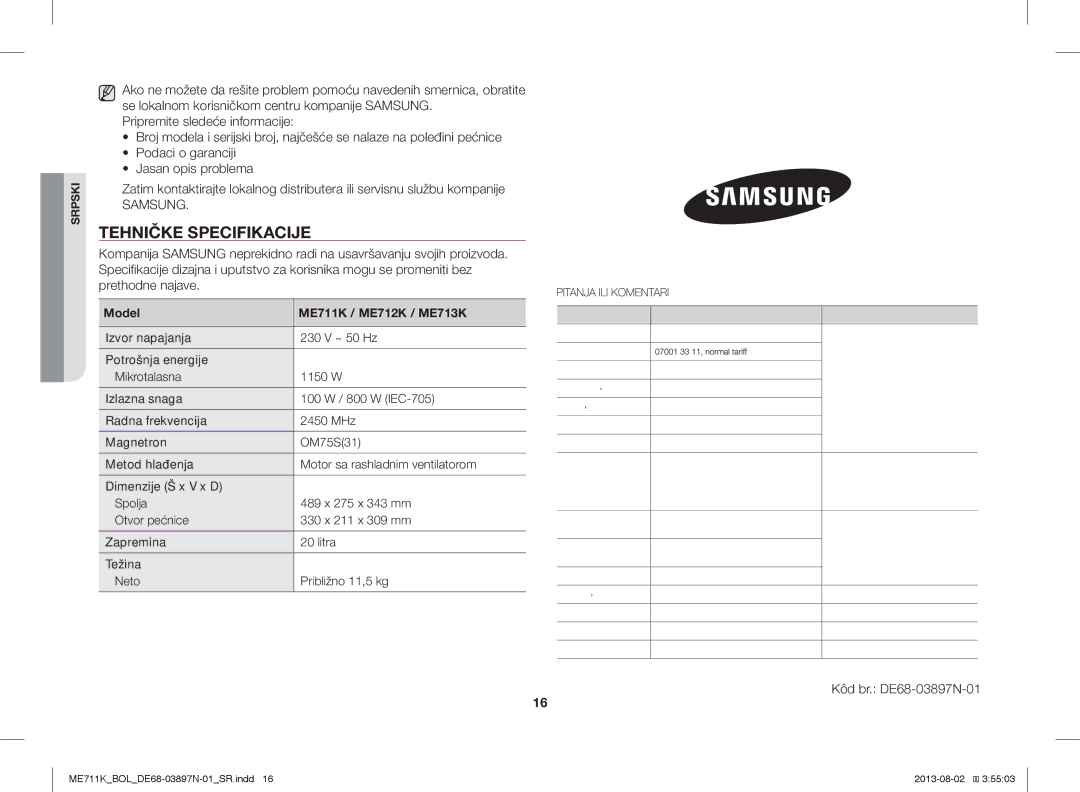 Samsung ME711K/ELE, ME711K/BOL, ME711K/XEO manual Kôd br. DE68-03897N-01 