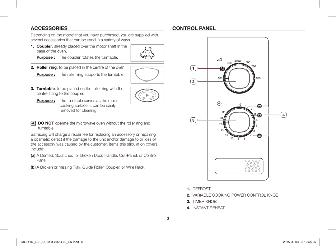 Samsung ME711K/XEO, ME711K/ELE, ME711K/XEG, ME711K/XTC manual Accessories, Control Panel 