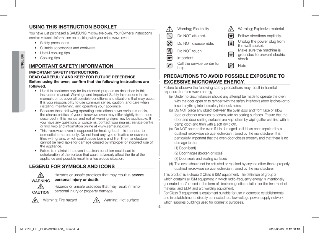 Samsung ME711K/ELE manual Using this Instruction Booklet, Important Safety Information, Personal injury or property damage 