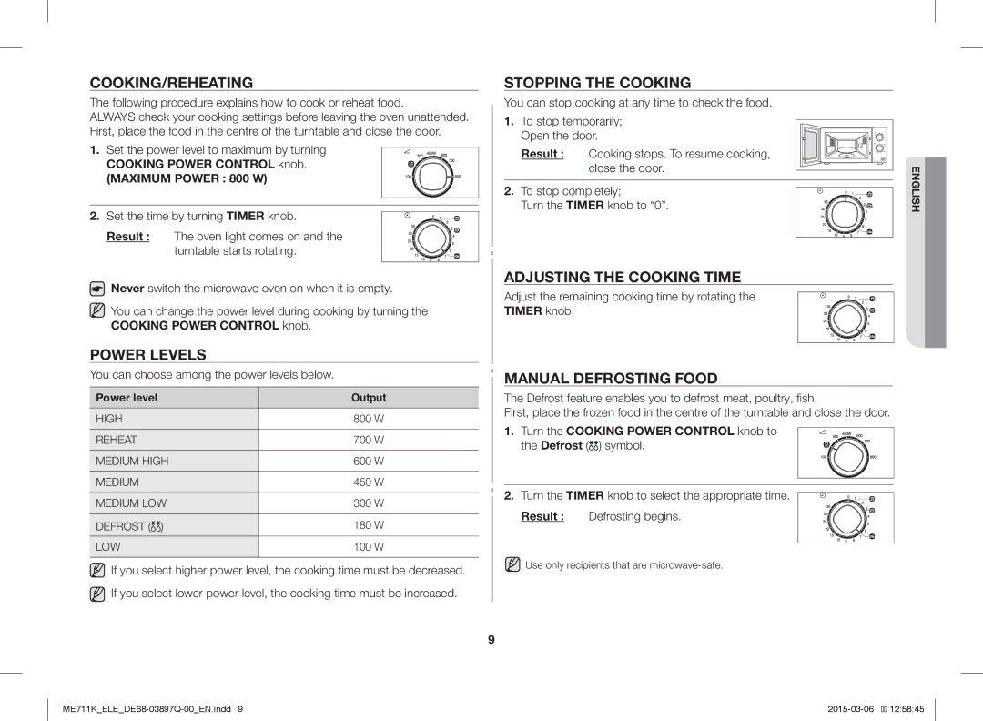 Samsung ME711K/XEG, ME711K/ELE manual Cooking/Reheating, Stopping the Cooking, Power Levels, Adjusting the Cooking Time 