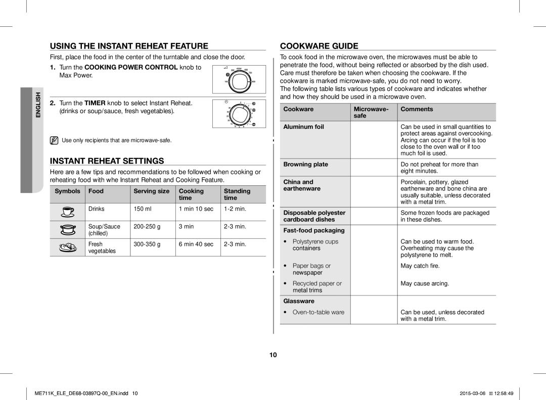 Samsung ME711K/XTC, ME711K/ELE, ME711K/XEG manual Using the Instant Reheat Feature, Instant Reheat Settings, Cookware Guide 