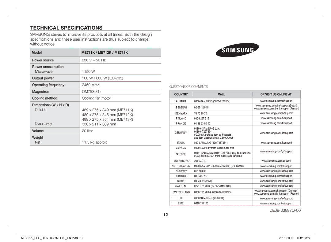 Samsung ME711K/ELE, ME711K/XEG, ME711K/XTC manual Technical Specifications, DE68-03897Q-00, Model ME711K / ME712K / ME713K 