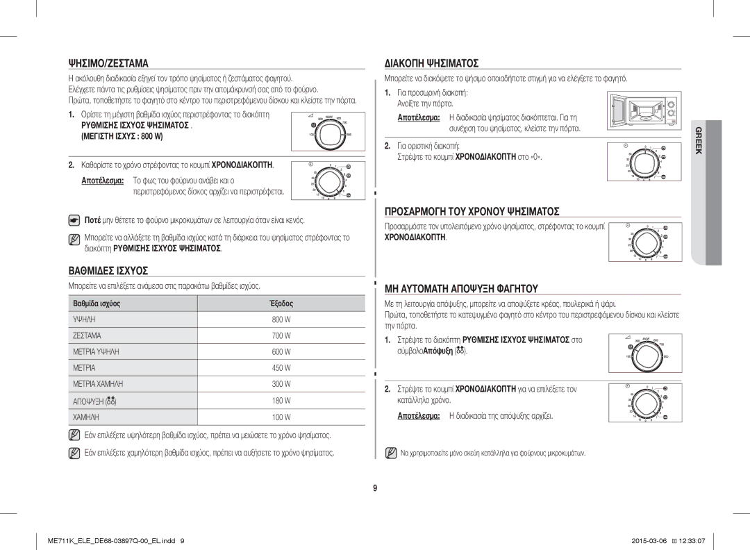 Samsung ME711K/XEG, ME711K/ELE manual Ψήσιμο/Ζέσταμα, Βαθμίδεσ Ισχύοσ, Διακοπή Ψησίματοσ, Προσαρμογή ΤΟΥ Χρόνου Ψησίματοσ 