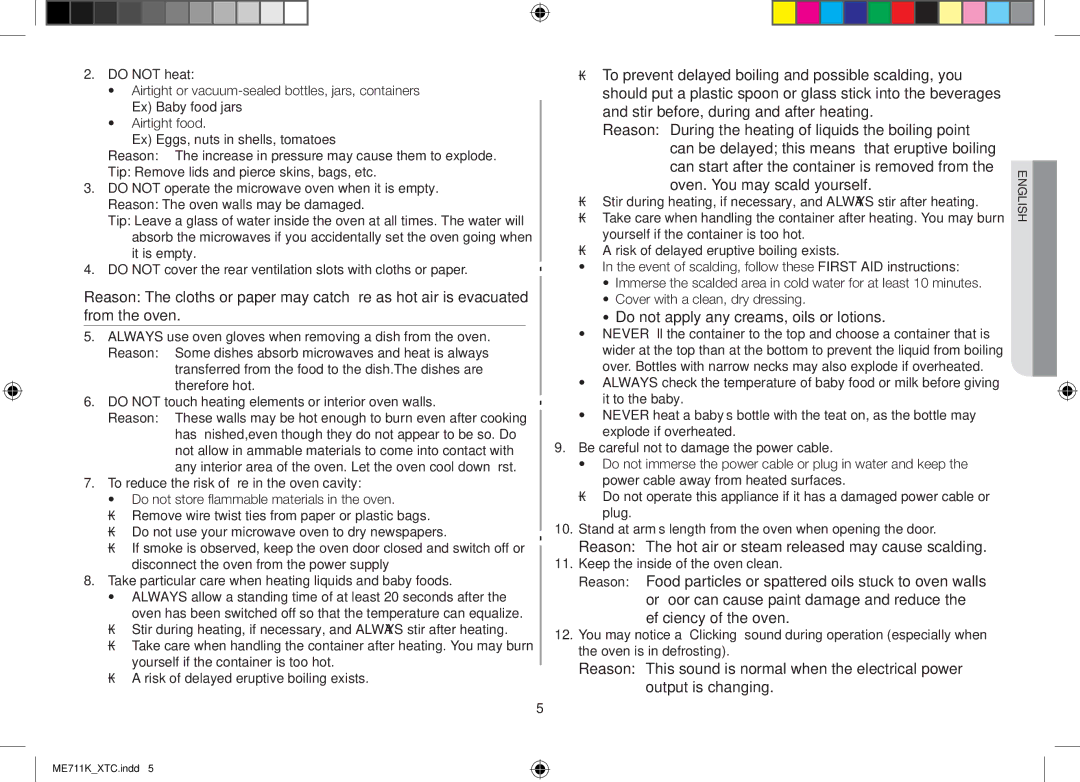 Samsung ME711K/XTC, ME711K/ELE, ME711K/XEG manual Reason The hot air or steam released may cause scalding 