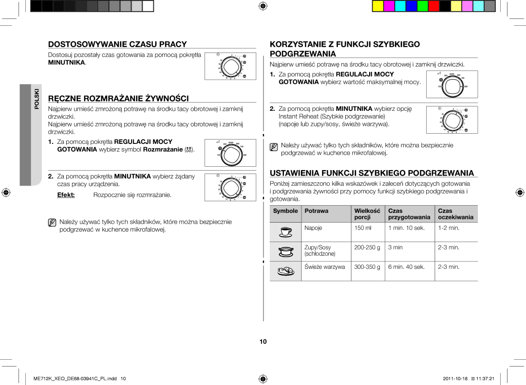 Samsung ME711K/XEO Dostosowywanie czasu pracy, Ręczne rozmrażanie żywności, Korzystanie z funkcji szybkiego podgrzewania 