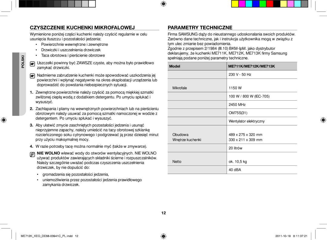 Samsung ME711K/ELE, ME711K/XEO manual Czyszczenie kuchenki mikrofalowej, Parametry techniczne, Model ME711K/ME712K/ME713K 