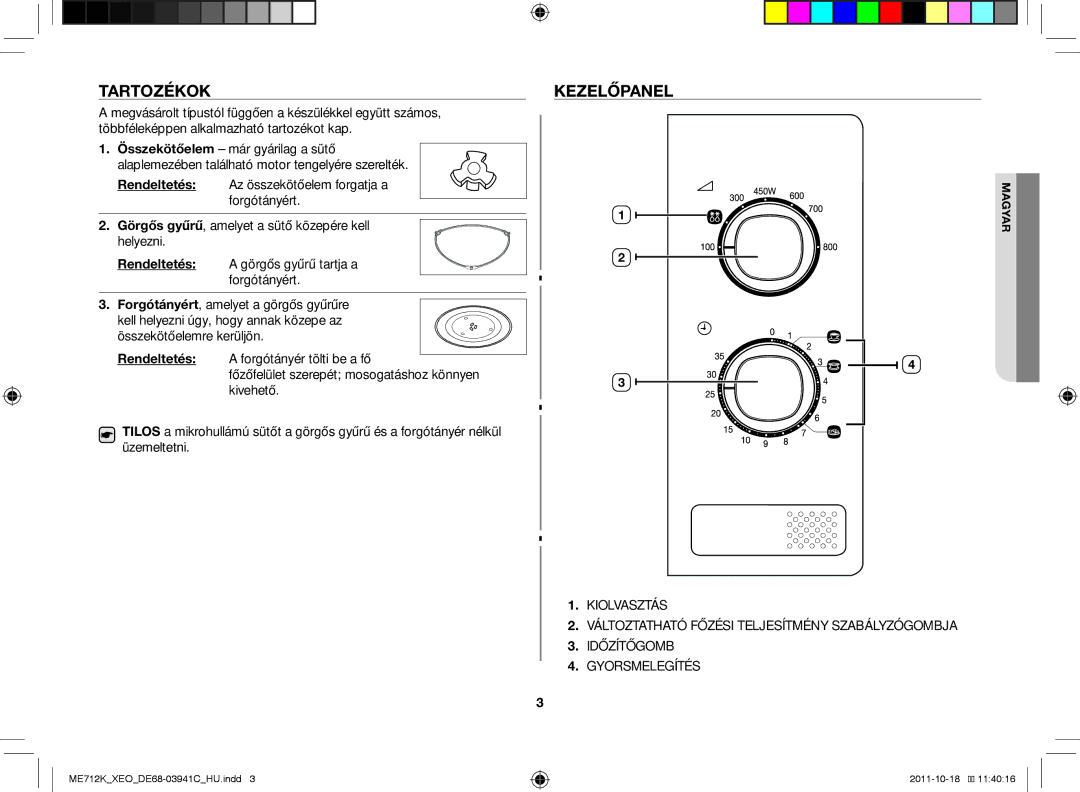 Samsung ME711K/XEO, ME711K/ELE, ME712K/XEO manual Tartozékok, Kezelőpanel 