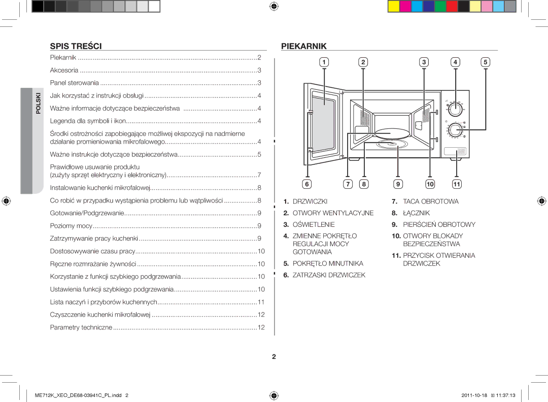 Samsung ME712K/XEO, ME711K/ELE, ME711K/XEO Spis treści, Piekarnik, Prawidłowe usuwanie produktu, Dostosowywanie czasu pracy 