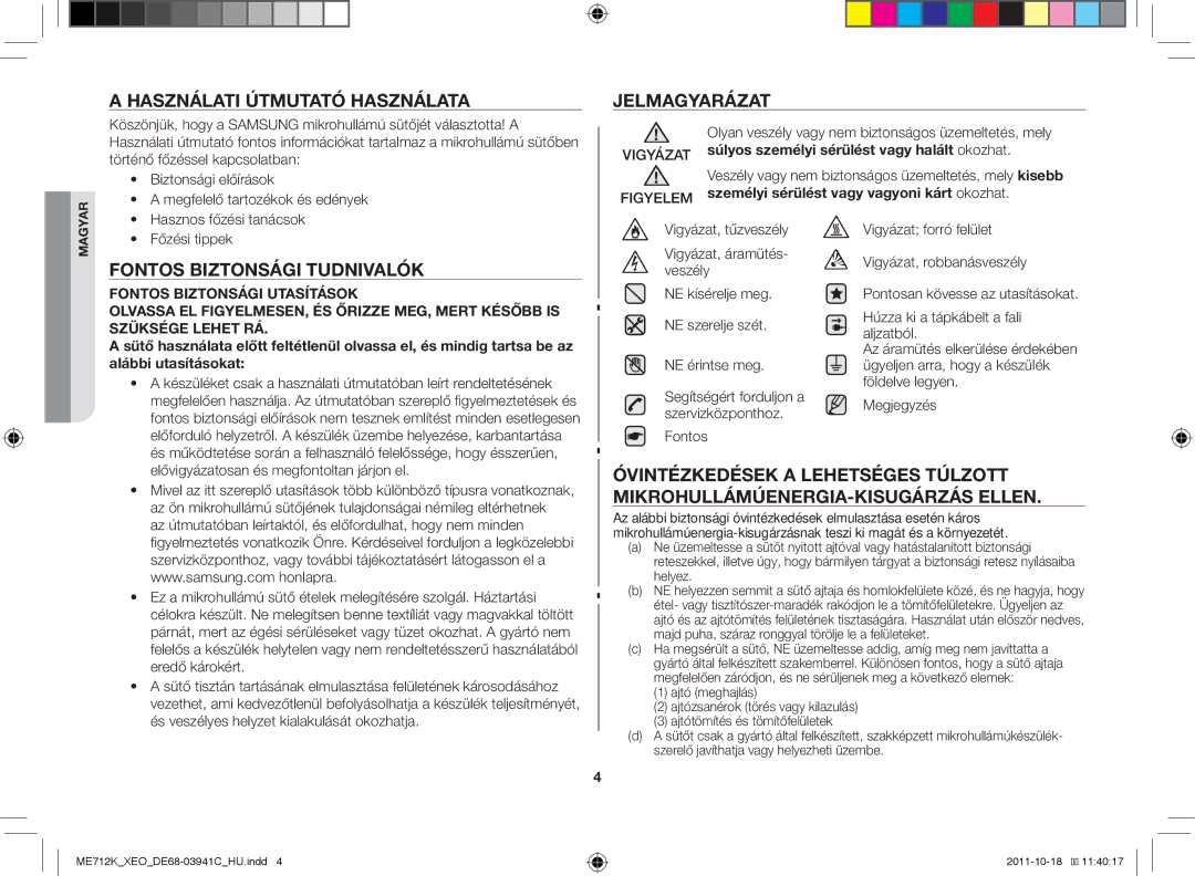 Samsung ME712K/XEO, ME711K/ELE, ME711K/XEO manual Használati útmutató használata, Jelmagyarázat, Fontos biztonsági tudnivalók 