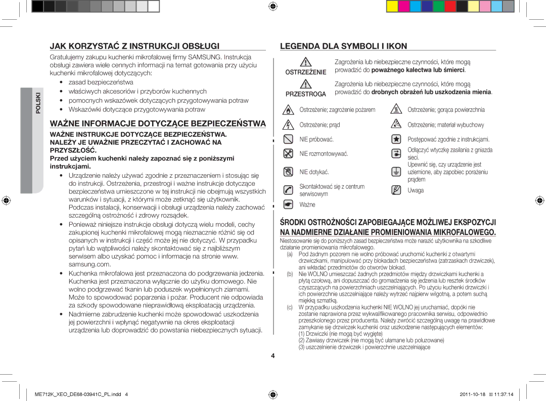 Samsung ME711K/XEO, ME711K/ELE, ME712K/XEO Jak korzystać z instrukcji obsługi, Ważne informacje dotyczące bezpieczeństwa 