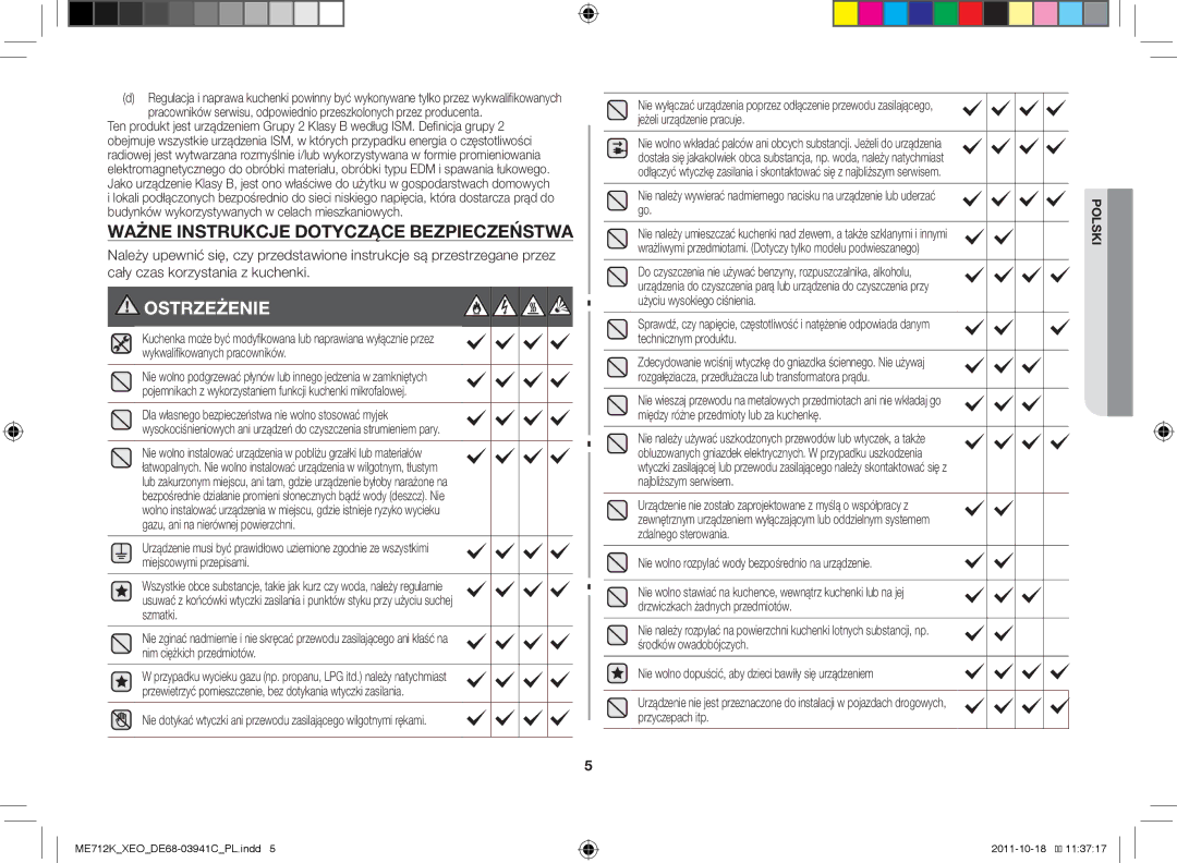 Samsung ME712K/XEO, ME711K/ELE, ME711K/XEO manual Ważne instrukcje dotyczące bezpieczeństwa, Ostrzeżenie 