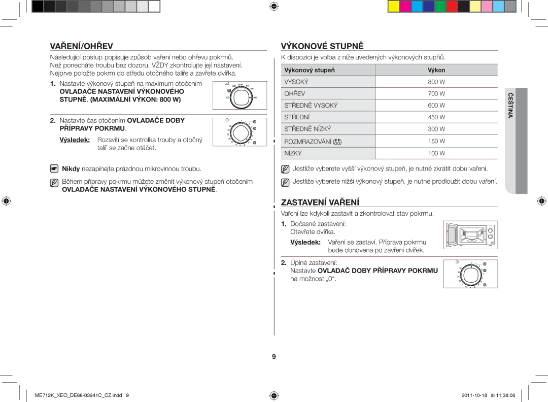 Samsung ME711K/ELE, ME711K/XEO, ME712K/XEO manual Vaření/Ohřev, Výkonové stupně, Zastavení vaření 