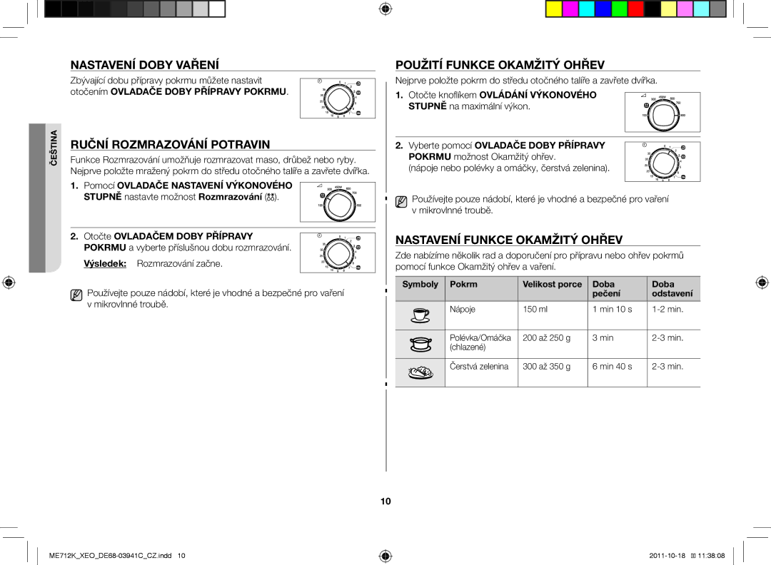 Samsung ME711K/XEO, ME711K/ELE manual Nastavení doby vaření, Ruční rozmrazování potravin, Použití funkce okamžitý ohřev 