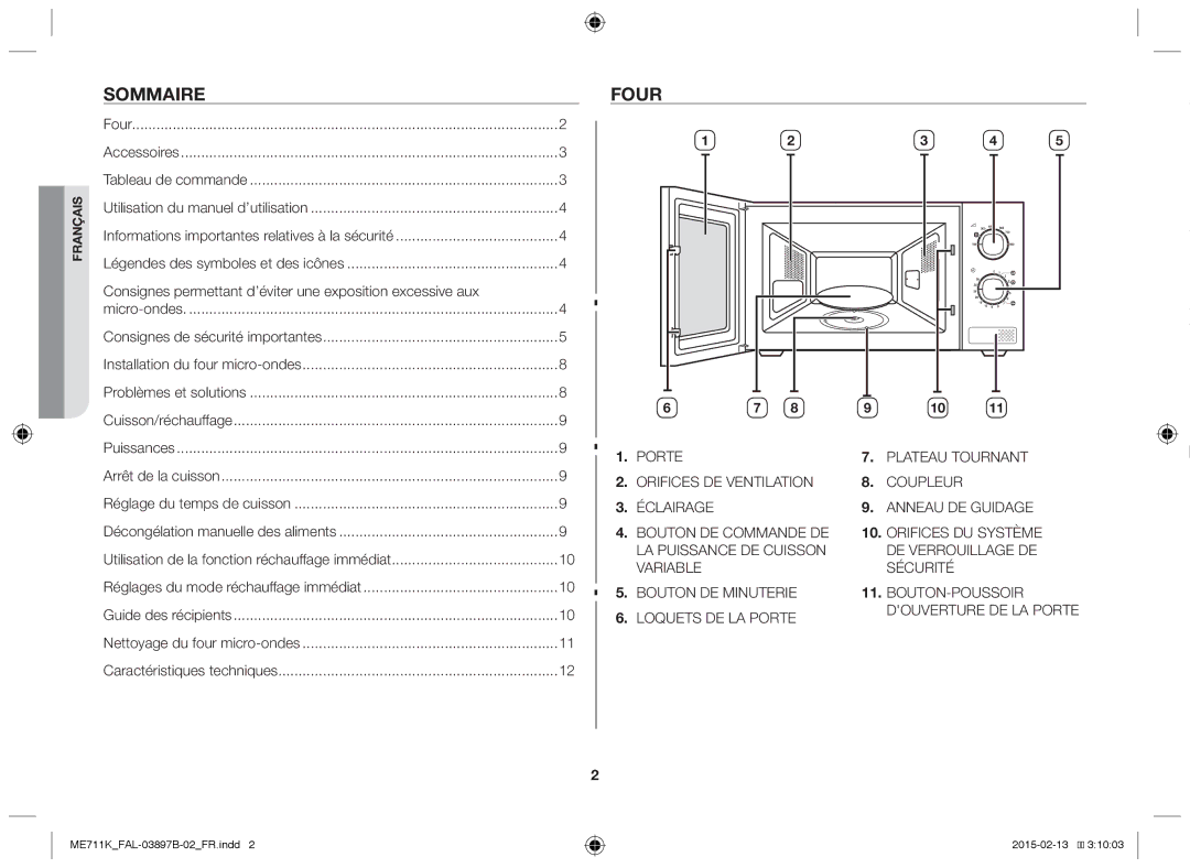 Samsung ME711K/FAL manual Sommaire, Four, Consignes permettant d’éviter une exposition excessive aux 