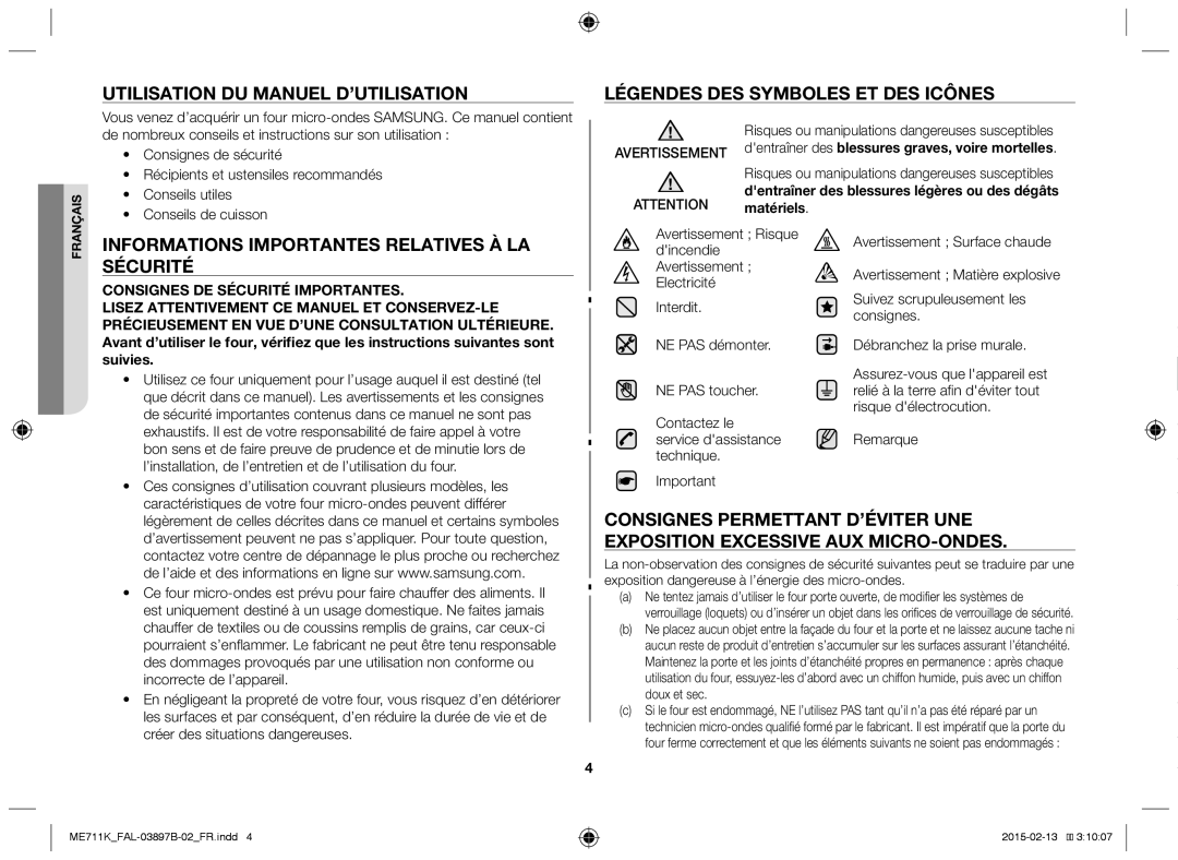 Samsung ME711K/FAL Informations importantes relatives à la sécurité, Dentraîner des blessures graves, voire mortelles 