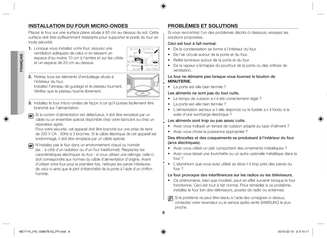 Samsung ME711K/FAL manual Installation du four micro-ondes, Problèmes et solutions 