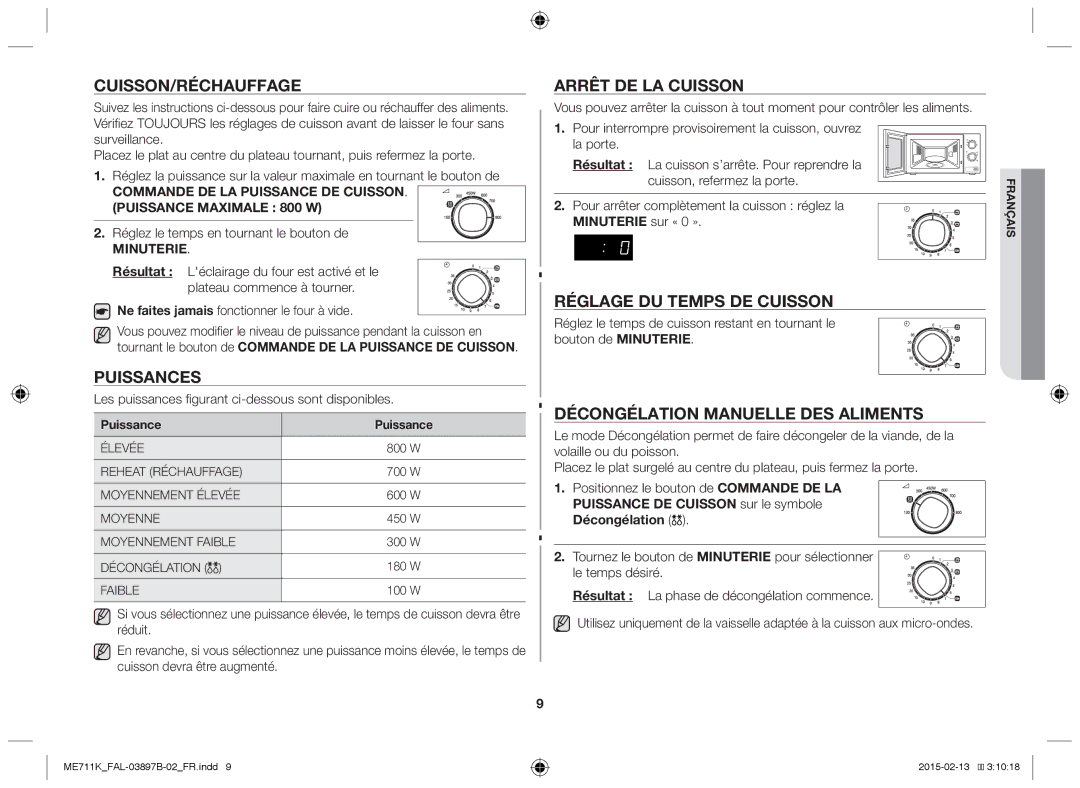 Samsung ME711K/FAL manual Cuisson/réchauffage, Puissances, Arrêt de la cuisson, Réglage du temps de cuisson 