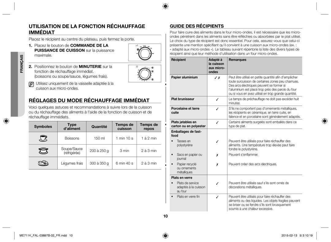 Samsung ME711K/FAL manual Utilisation de la fonction réchauffage immédiat, Réglages du mode réchauffage immédiat 