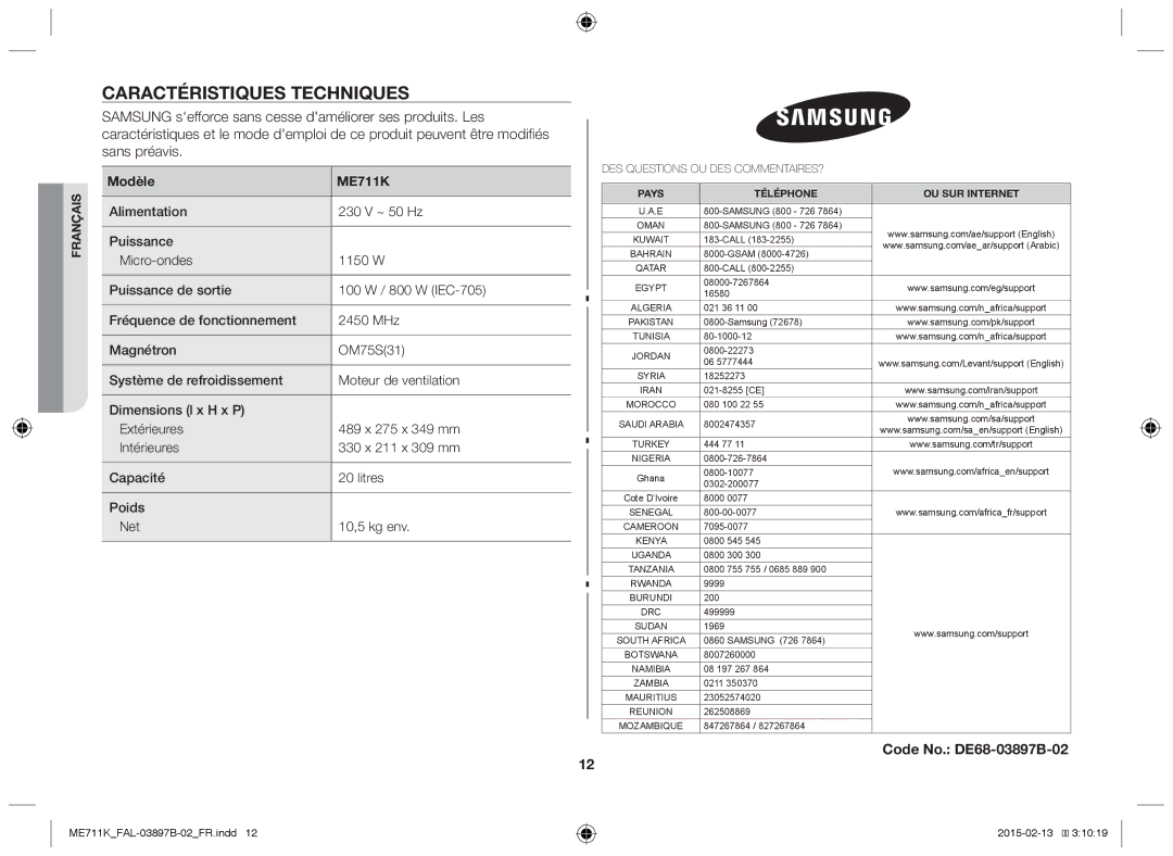 Samsung ME711K/FAL manual Caractéristiques techniques, Code No. DE68-03897B-02, Modèle ME711K 