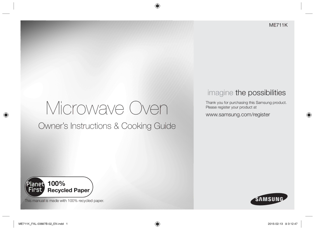 Samsung ME711K/FAL Microwave Oven, This manual is made with 100% recycled paper 