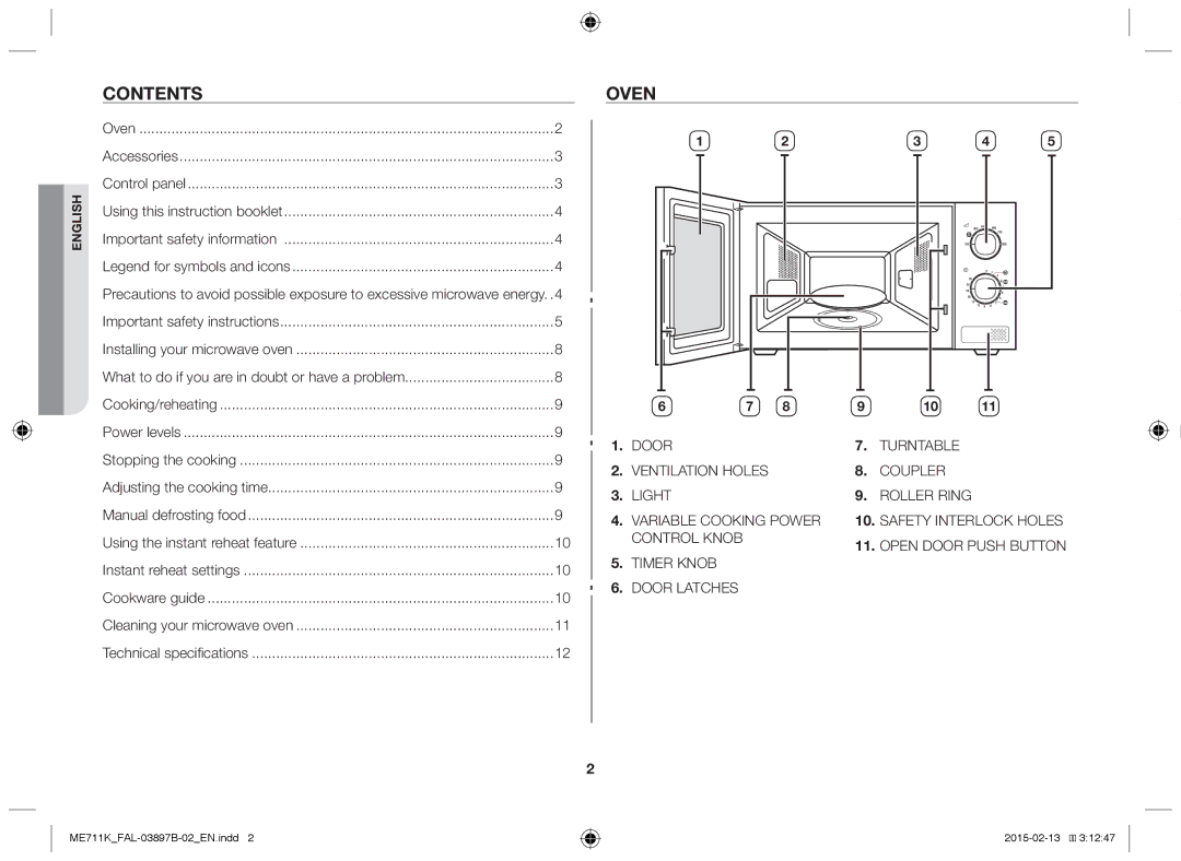 Samsung ME711K/FAL manual Contents, Oven 