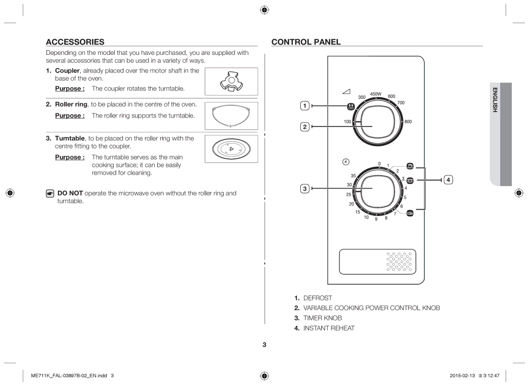 Samsung ME711K/FAL manual Accessories, Control panel 