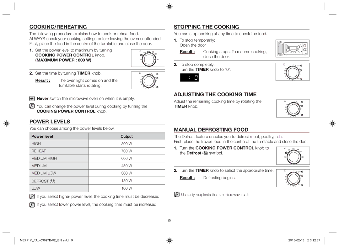 Samsung ME711K/FAL manual Cooking/reheating, Stopping the cooking, Power levels, Adjusting the cooking time 