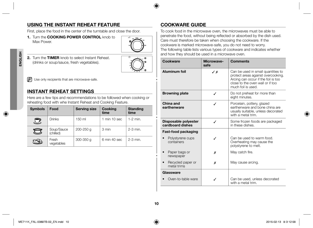 Samsung ME711K/FAL manual Using the instant reheat feature, Instant reheat settings, Cookware guide 