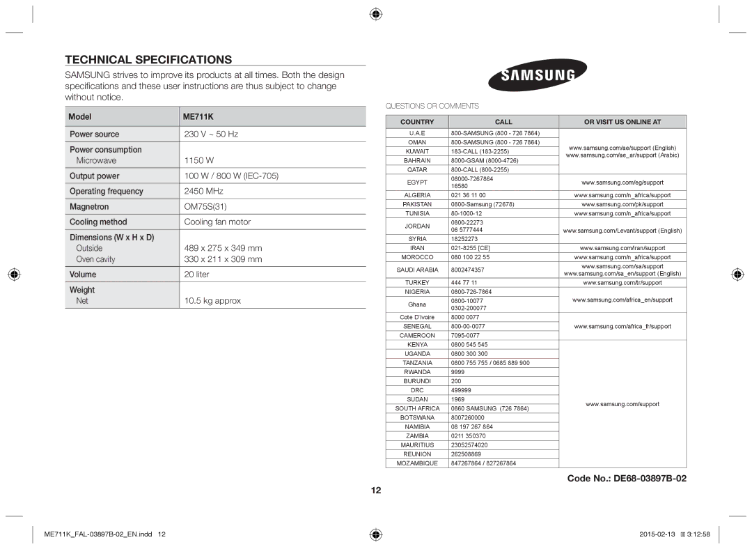 Samsung ME711K/FAL manual Technical specifications, Model ME711K 