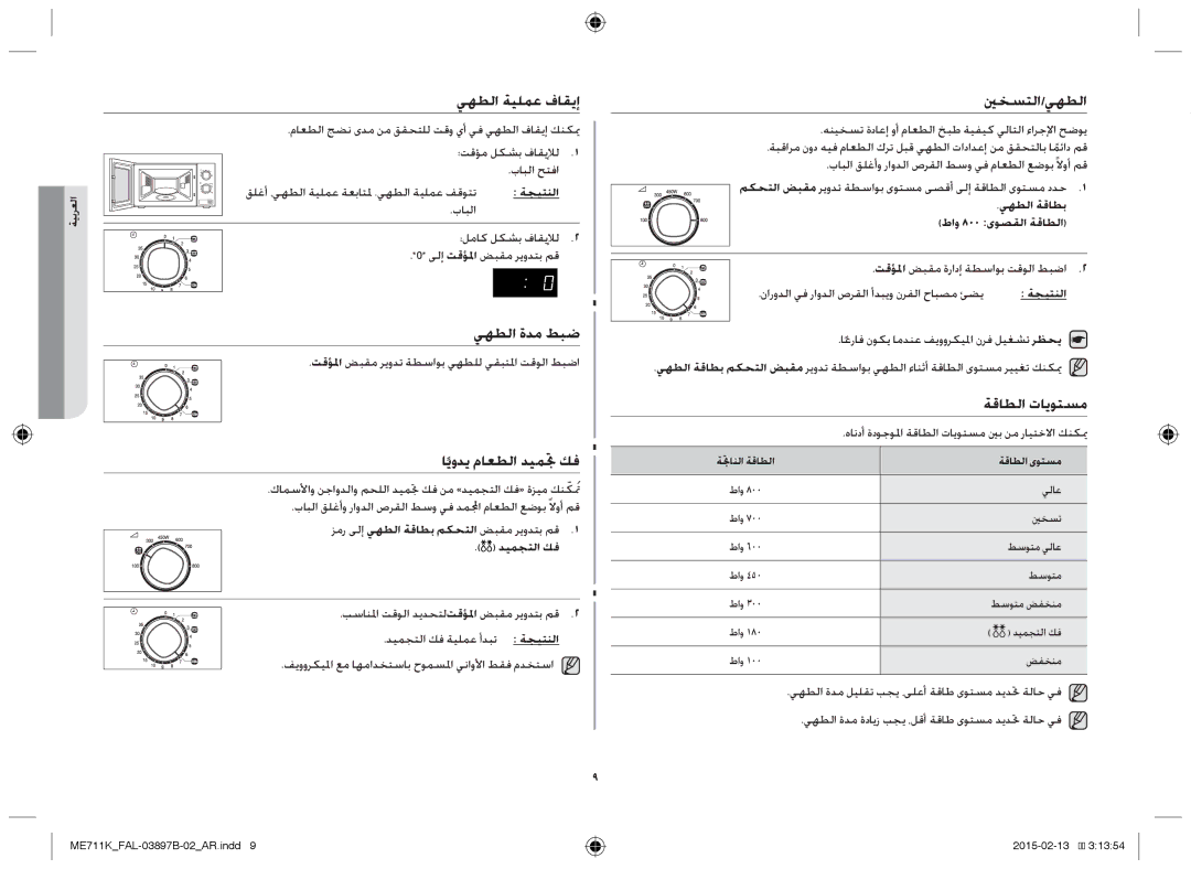 Samsung ME711K/FAL manual يهطلا ةيلمع فاقيإ, يهطلا ةدم طبض, اًيودي ماعطلا ديمتج كف, ينخستلا/يهطلا, ةقاطلا تايوتسم 