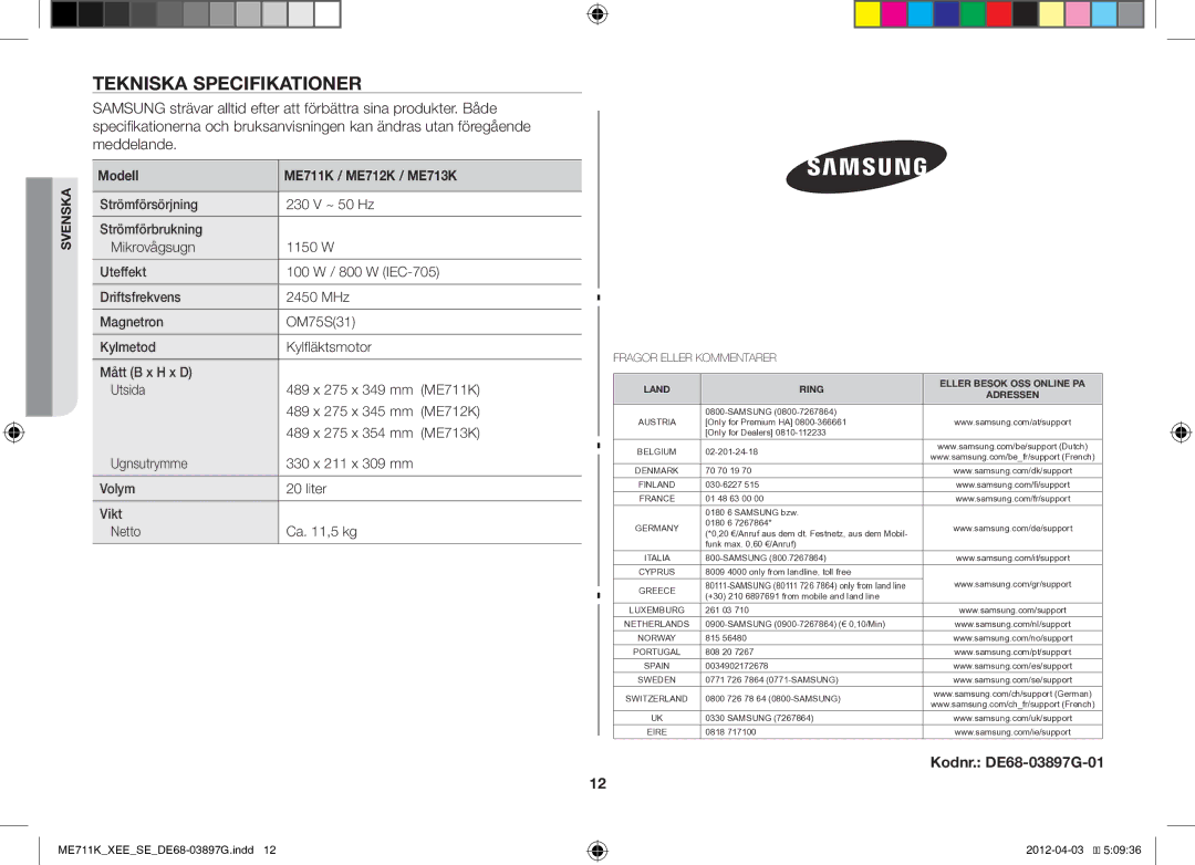 Samsung ME711K/XEE, ME712K/XEE manual Tekniska Specifikationer, Modell ME711K / ME712K / ME713K, Kodnr. DE68-03897G-01 