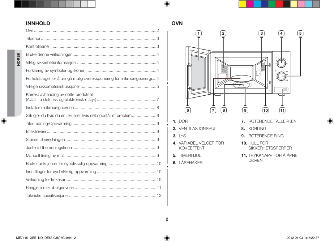 Samsung ME711K/XEE, ME712K/XEE manual Innhold, Ovn, Korrekt avhending av dette produktet 