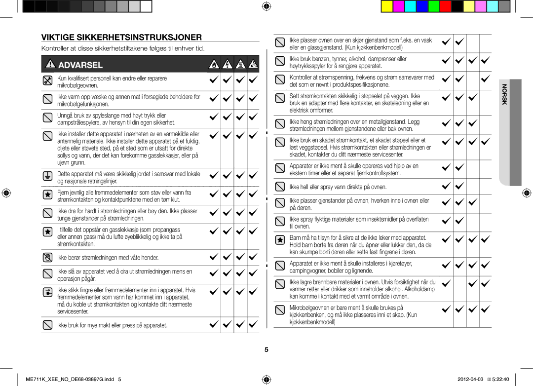 Samsung ME712K/XEE, ME711K/XEE manual Viktige Sikkerhetsinstruksjoner, Ikke bruk for mye makt eller press på apparatet 