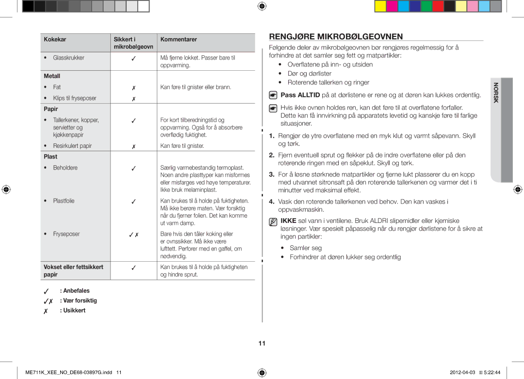 Samsung ME712K/XEE, ME711K/XEE manual Rengjøre Mikrobølgeovnen, Papir, Anbefales Vær forsiktig Usikkert 