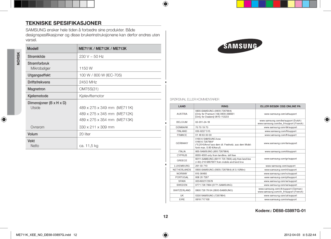 Samsung ME711K/XEE, ME712K/XEE manual Tekniske Spesifikasjoner, Kodenr. DE68-03897G-01 